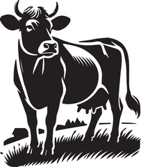 Black and white illustration of a cow