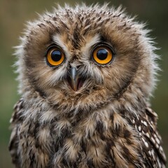 A baby owl with big round eyes and fluffy feathers.