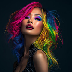 Naklejka premium Vibrant hair transformation studio fashion photography dark background close-up bold beauty expression