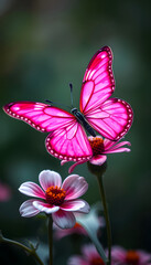 A pink butterfly resting on a flower, symbolizing transformation and beauty, dramatic, with white tones