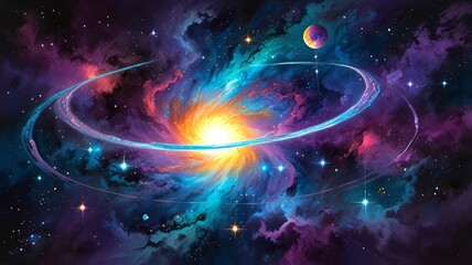 A vibrant cosmic scene depicting a swirling galaxy with bright colors, radiant stars, and planets, symbolizing the vastness and beauty of the universe