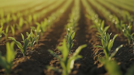 Rows of young spring corn crops in a field