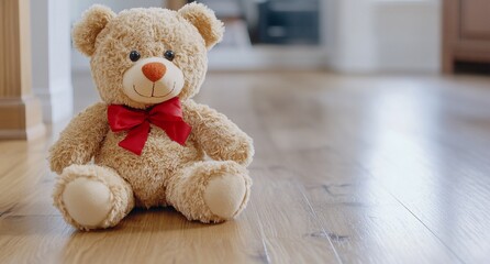 Fototapeta premium A plush teddy bear sits on a wooden floor, evoking warmth and nostalgia.