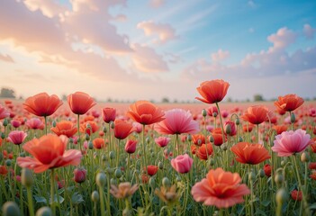 Naklejka premium A vibrant field of red poppies blooms under a blue sky a breathtaking landscape of natures beauty