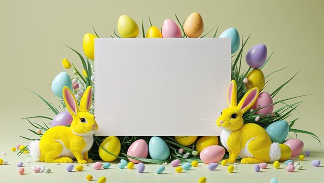 Colorful free space card decorated with pastel Easter eggs, creating a cheerful and celebratory atmosphere for holiday designs.