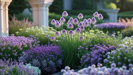Obraz premium A picturesque lavender garden in full bloom, featuring rows of vibrant purple flowers under soft sunlight. Perfect for nature, relaxation, and wellness themes.