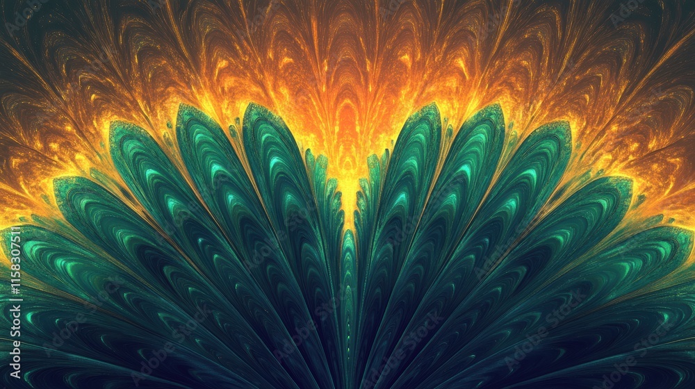 Poster majestic display of vibrant peacock tail feathers with bright orange and green patterns in a stunnin