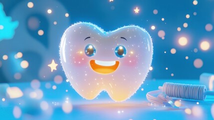 Adorable Cartoon Tooth Character Sparkling in a Magical Nighttime Setting with Dental Floss