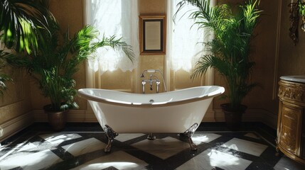 A freestanding bathtub in an opulent bathroom
