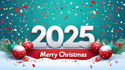 A vibrant Christmas greeting card design for 2025, featuring large, stylized white numbers, festive confetti, and Christmas ornaments.