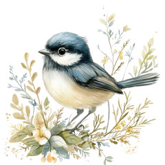 Obraz premium Beautiful Illustration of a Chickadee Surrounded by Delicate Floral Elements in Pastel Colors