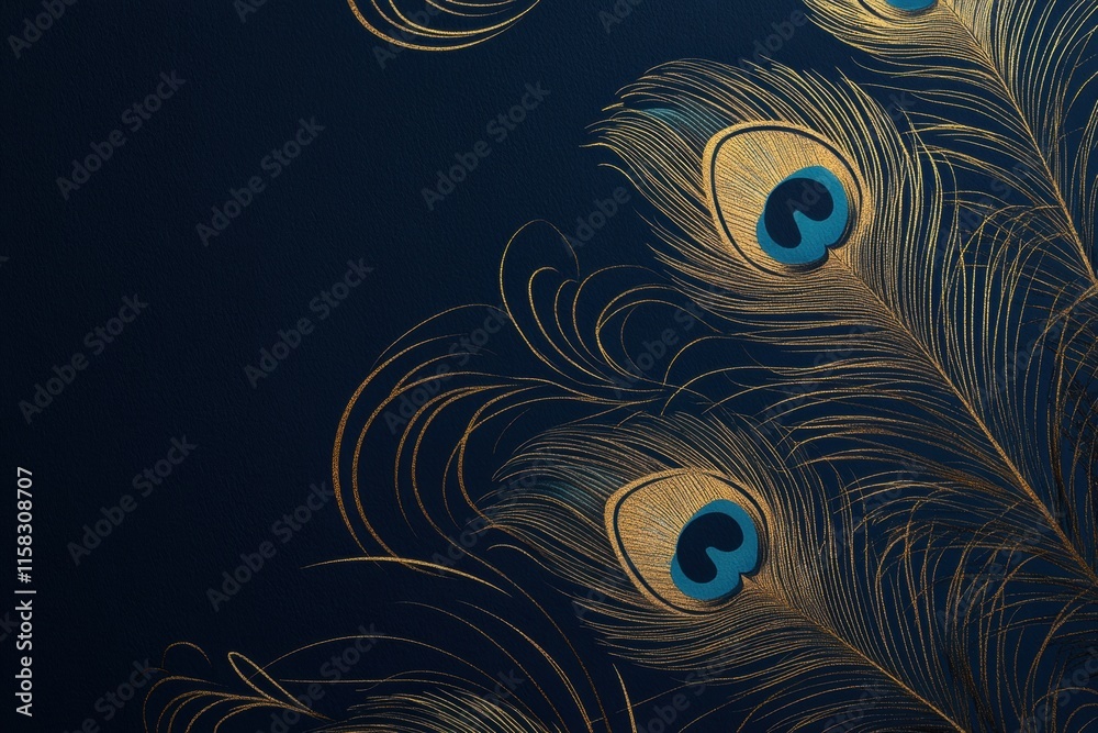 Fototapete elegant line art depicting peacock feathers on a rich dark background with space for creative mock u