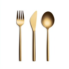 Gold cutlery set featuring a fork, knife, and spoon, showcasing a sleek and modern design perfect for elegant dining occasions.
