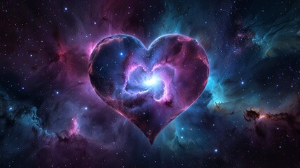 An ethereal cosmic heart glows amid a vibrant nebula, filled with swirling colors of purple and blue, symbolizing love and the vastness of the universe in perfect harmony.
