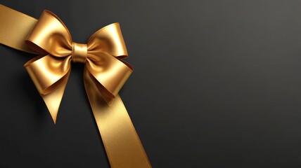 A luxurious golden gift bow sits atop a smooth, dark background, radiating elegance and anticipation, perfect for celebrating special occasions and joyful moments.