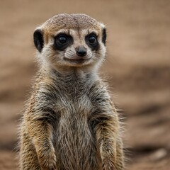 Fototapeta premium A baby meerkat standing upright with curious eyes.