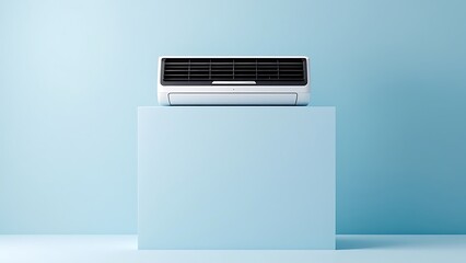 Air heat pump on blue background. Modern, environmentally friendly heating. Air source heat pumps are efficient and renewable source of energy. Banner with copy space for text, advertising.