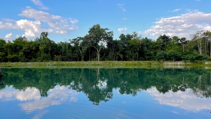 Mirror reflection of the landscape shore in the reservoir.