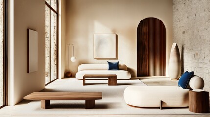 Cozy beige sofa and accent blue cushion, wooden table next to window. Wall with abstract art.