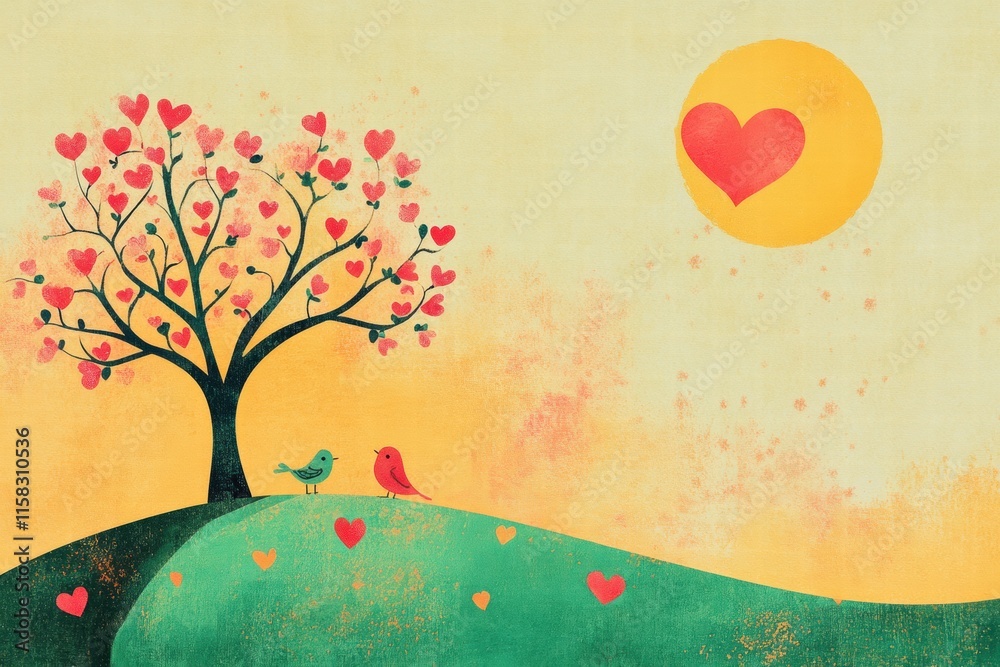 Aufkleber whimsical hand drawn valentines day design featuring heart shaped trees and birds in a colorful land