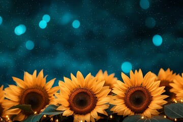 A vibrant display of sunflowers against a shimmering blue background, creating a cheerful and inviting atmosphere.
