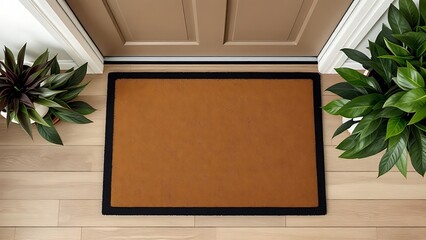Blank brown door mat on the floor at home. Welcome mat with copy space for your text. Doormat mock up. Carpet at entrance for wiping dirty shoes. Mockup.