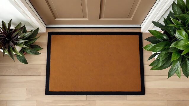 Blank brown door mat on the floor at home. Welcome mat with copy space for your text. Doormat mock up. Carpet at entrance for wiping dirty shoes. Mockup.