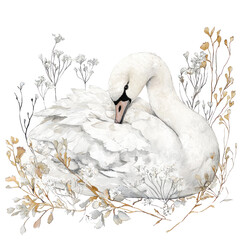 Obraz premium Beautiful Illustration of a Tundra Swan Nestled Among Delicate Flora in a Serene Nature Scene