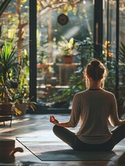 A serene studio scene with a person meditating on a yoga mat, illuminated by gentle natural light and surrounded by soothing decor for stress relief.