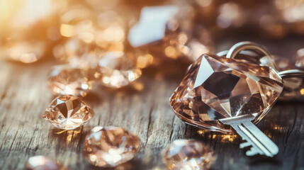 key and sparkling diamond shaped keychain on wooden surface, surrounded by shimmering gems, create luxurious and elegant atmosphere