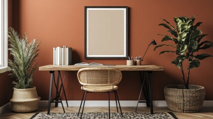 A mock-up poster frame, a wooden desk, a rattan chair, a black rack, a patterned rug, a plant, a brown wall, books, and personal items make up this imaginative arrangement of a workplace. Template.