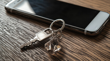 key and house shaped keychain resting on wooden table beside smartphone, symbolizing security and modern living