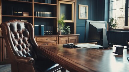 The director's office features a PC, a leather couch, and a wide oak table. Interior design
