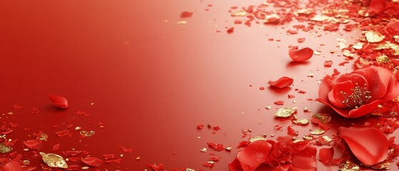 Chinese New Year Theme, A red background with gold flakes and a red flower in the foreground