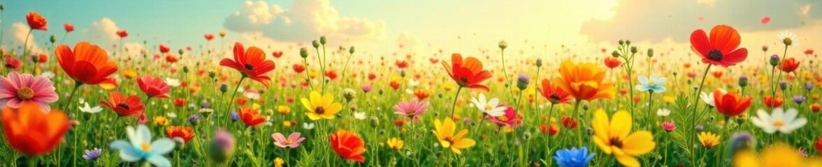 Naklejka premium Floral field with colorful flowers swaying in the breeze, landscape, nature