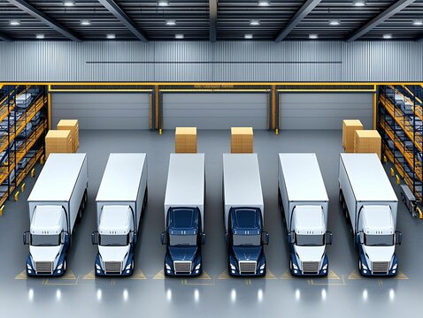 Logistic management distribution management system concept, A modern warehouse with multiple delivery trucks lined up in front of shelves stacked with boxes, showcasing an organized logistics