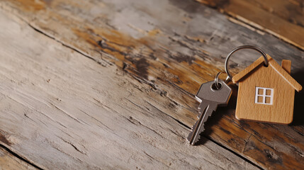 key and house shaped keychain on rustic wooden table, symbolizing home ownership and security. This evokes feelings of warmth and comfort