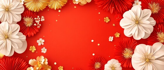 Obraz premium Chinese New Year Theme, A red background with white flowers and gold accents