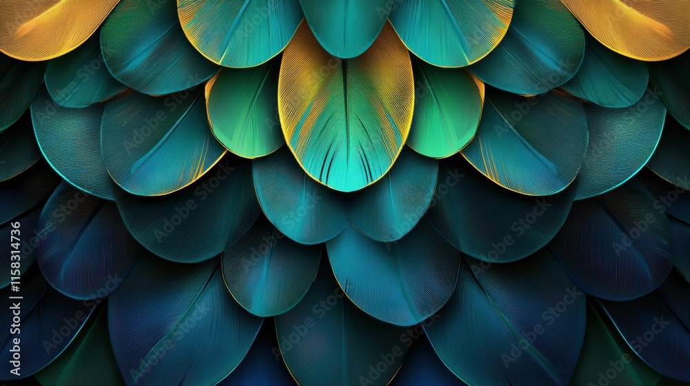 Fototapete Stunning pattern of overlapping peacock feathers with vibrant hues and ample space for personalized text. Generative AI