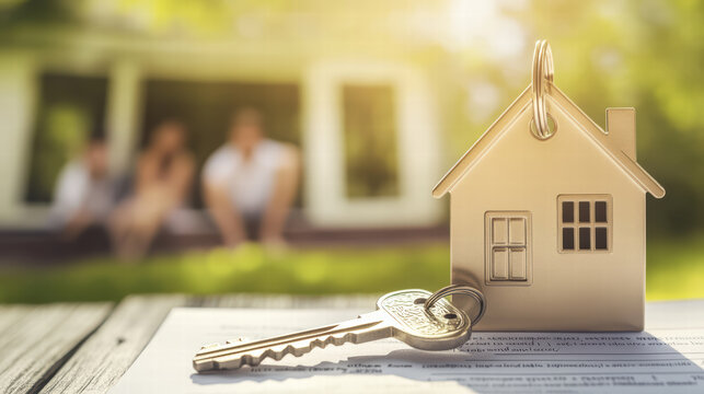 key with house shaped keychain rests on mortgage documents, symbolizing home ownership and new beginnings. background features family enjoying their new home
