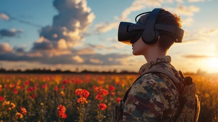 Fototapeta premium Veteran Experiencing Immersive VR Therapy for PTSD in a Serene Meadow Landscape