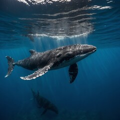 Fototapeta premium A baby whale calf swimming beside its mother.