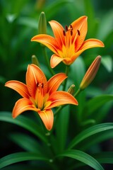 Fototapeta premium Vibrant orange lily blooms amidst lush green foliage , flowers, orange, green