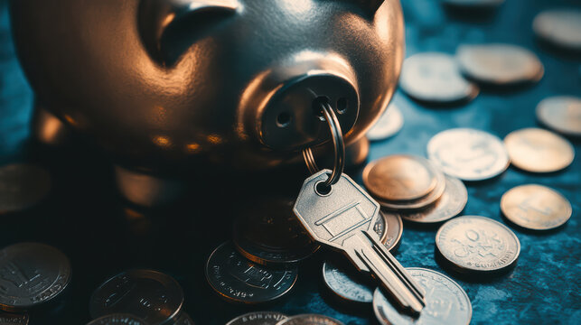 Close up of piggy bank with key and scattered coins, symbolizing savings and financial security. This evokes sense of planning for future and managing finances