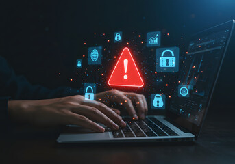 Scam Alert Warning with Cybersecurity Icons. A person using laptop, warning sign for scams with icons representing online threats, phishing, and cybersecurity