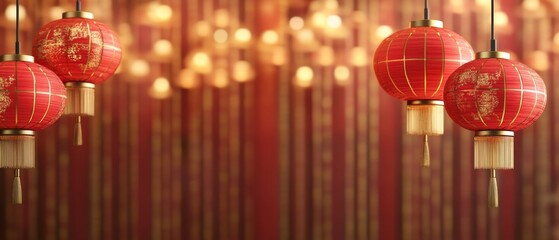Chinese New Year Theme, A red and gold lantern with a gold trim hangs from the ceiling