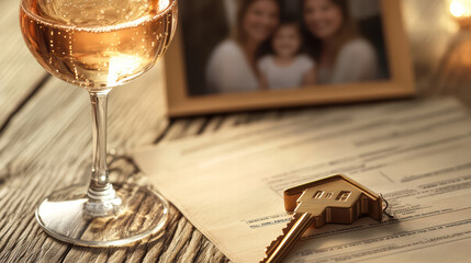 Fototapeta premium house shaped keychain rests on home loan documents beside glass of sparkling wine, symbolizing new beginnings and homeownership