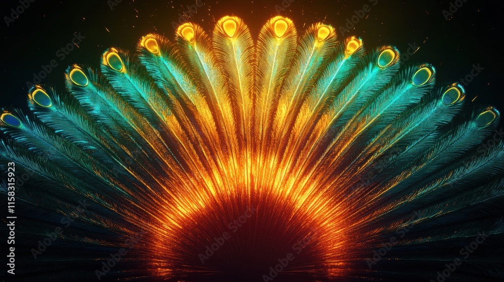 Aufkleber Colorful fan like display of peacock tail feathers showcasing vibrant hues in a serene setting. Generative AI