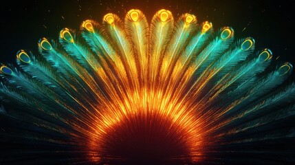 Colorful fan like display of peacock tail feathers showcasing vibrant hues in a serene setting. Generative AI