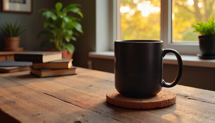 Elegant mug mockup with a coaster on a rustic table by a sunny window